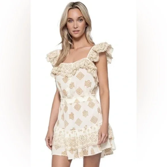 PQ Swim | Dresses | Pq Swim Anthro Haven Cate Ruffle Tier Gold Eyelet  Cotton Ecru Resort Mini Sz Ml | Poshmark